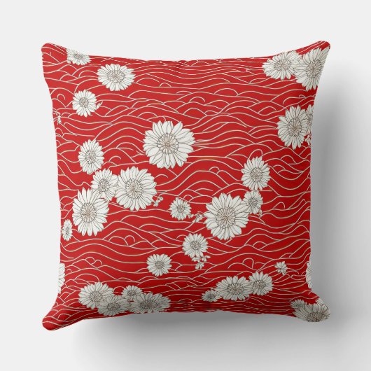 Japanese White Chysanthemums on Red Waves クッション (裏面)
