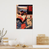 Japanese Woman and Cat Reading the Paper ポスター (キッチン)