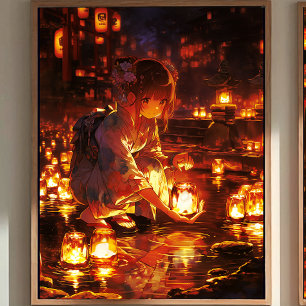 Japanese Yukata Girl, Floating Lanterns ポスター