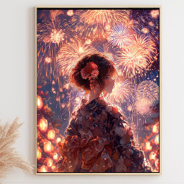 Japanese Yukata Girl, Grand Fireworks Art ポスター