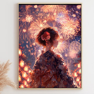 Japanese Yukata Girl, Grand Fireworks Art ポスター