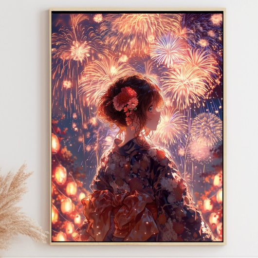 Japanese Yukata Girl, Grand Fireworks Art ポスター