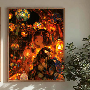 Japanese Yukata Girl, Matsuri Lantern Art ポスター