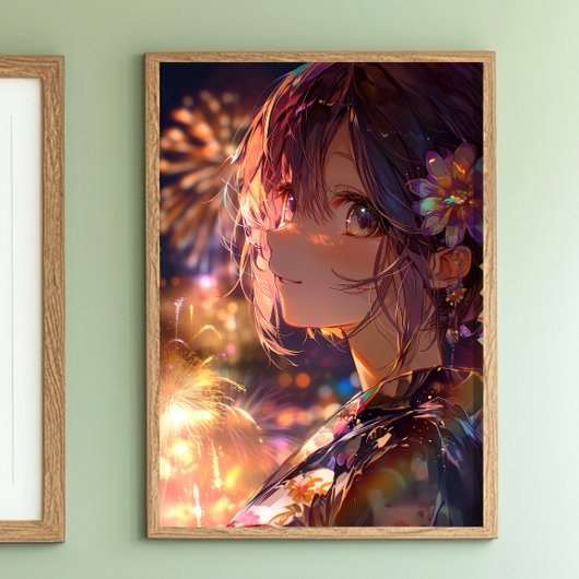 Japanese Yukata Girl, Smiling Fireworks ポスター