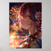 Japanese Yukata Girl, Smiling Fireworks ポスター (正面)