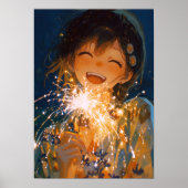 Japanese Yukata Girl with Sparkler Art ポスター (正面)