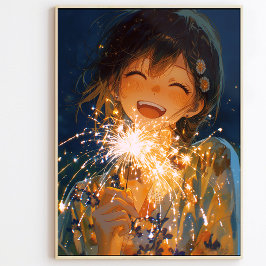 Japanese Yukata Girl with Sparkler Art ポスター