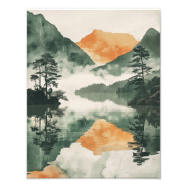 Japaneses Art - Misty Mountain Lake Reflection フォトプリント