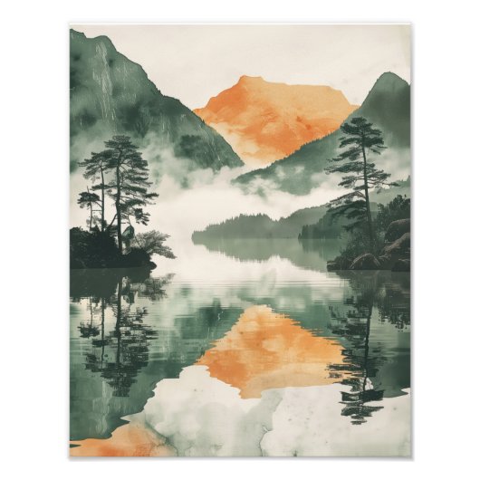 Japaneses Art - Misty Mountain Lake Reflection フォトプリント (正面)
