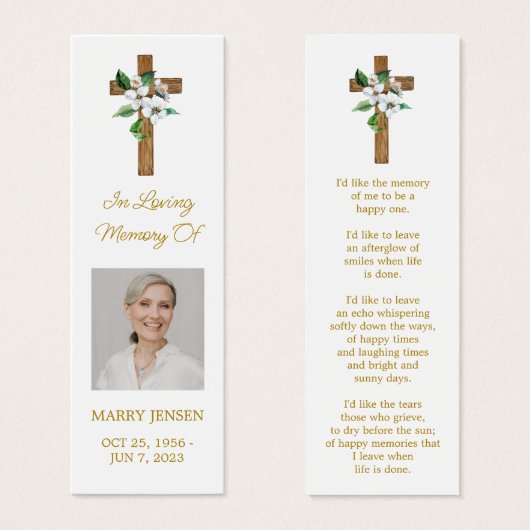 Jasmine Cross Photo Funeral Memorial Bookmark (正面&裏面)