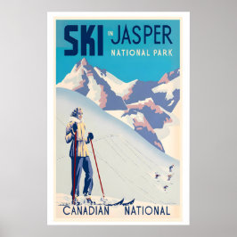 Jasper National Park Canada Woman Skiing Vintage ポスター