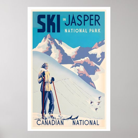 Jasper National Park Canada Woman Skiing Vintage ポスター (正面)
