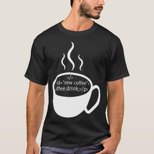 JavaScript HTMLコードドリンクコーヒー Tシャツ (正面)
