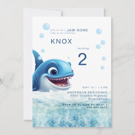 Jaw-some Shark Bite Birthday Party Invitation 招待状 (正面)