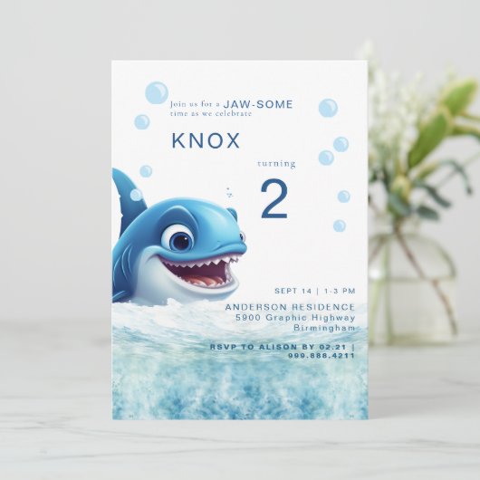 Jaw-some Shark Bite Birthday Party Invitation 招待状 (スタンド正面)