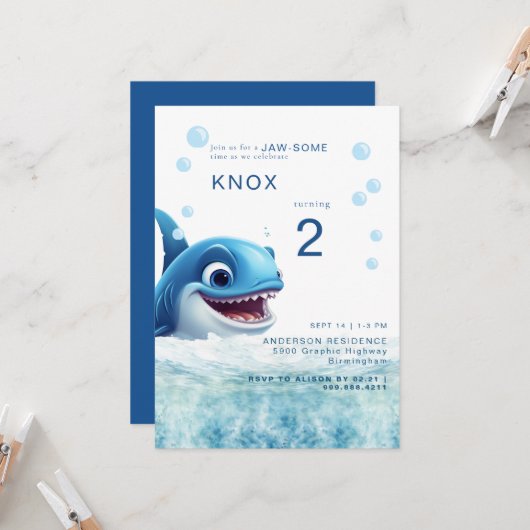 Jaw-some Shark Bite Birthday Party Invitation 招待状 (正面/裏面インサイチュ)