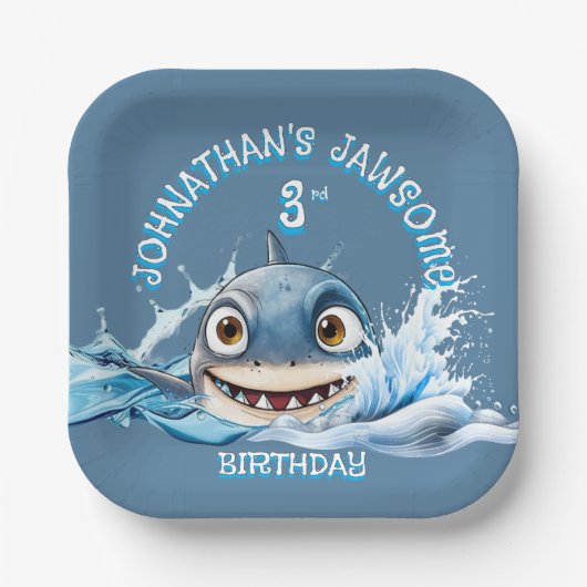 Jawsome Shark Plate | 幼児のブルー誕生日 ペーパープレート (正面)