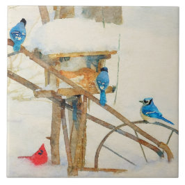 Jays and a Cardinal Sharing Winter Breakfast タイル