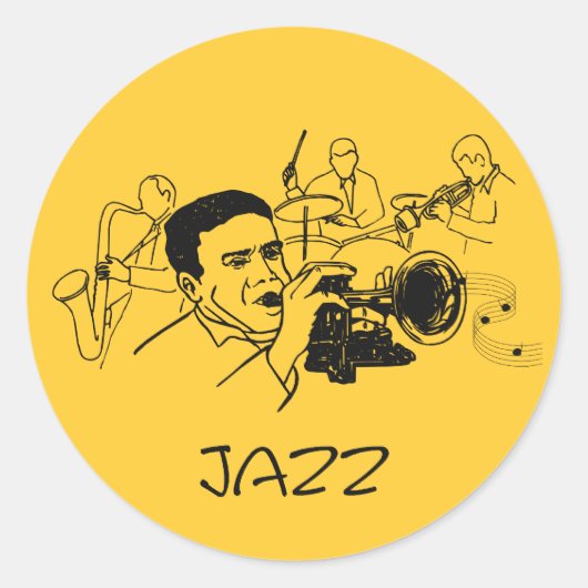 JAZZミュージシャン(トランペットと音楽ノート付き) ラウンドシール (正面)