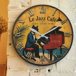 Jazz Cat Funny Piano Vintage Café Music Lover Gift ラージ壁時計