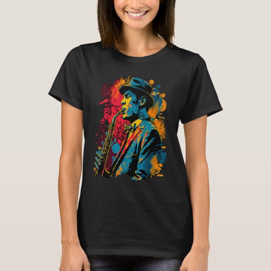 Jazz Saxophone Player Funky Pop 1920s Era Musician Tシャツ (正面)
