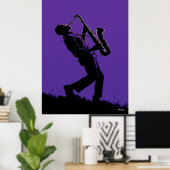 Jazz Saxophonist Poster – Black Silhouette on Purp ポスター (ホームオフィス)
