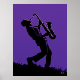 Jazz Saxophonist Poster – Black Silhouette on Purp ポスター