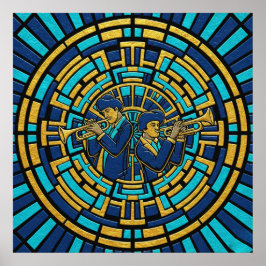 Jazz Trumpeters Poster Blue and Gold Stained Glass ポスター