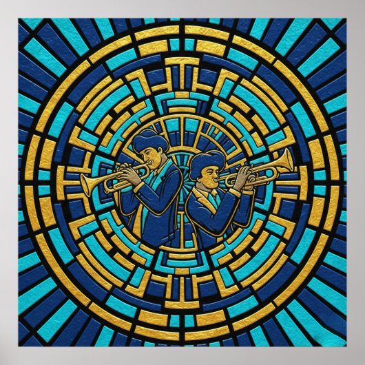 Jazz Trumpeters Poster Blue and Gold Stained Glass ポスター (正面)