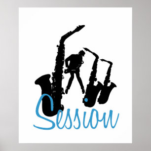 Jazzman Black Siluette Jazz Sessionホワイトポスター ポスター