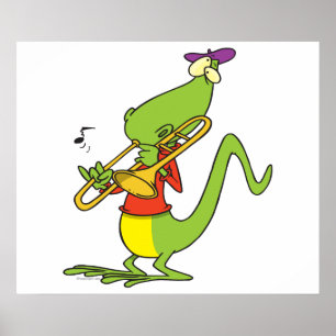 jazzy trombone playing lizard cartoon ポスター