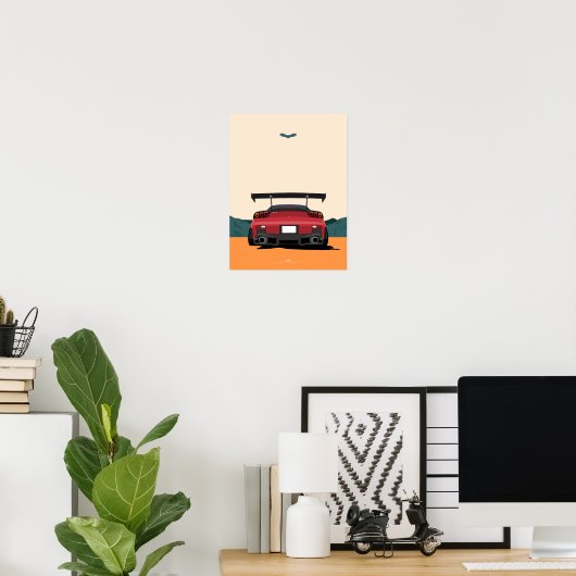 JDMレッドRX-7 リアビュー レースカーイラストアート ポスター (ホームオフィス)