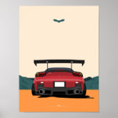 JDMレッドRX-7 リアビュー レースカーイラストアート ポスター (正面)