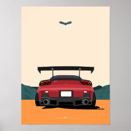JDMレッドRX-7 リアビュー レースカーイラストアート ポスター