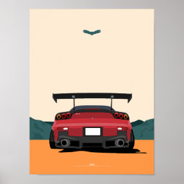 JDMレッドRX-7 リアビュー レースカーイラストアート ポスター