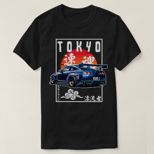 JDM日本のストリートウェア東京R34ドリフト愛好家 Tシャツ (デザイン正面)