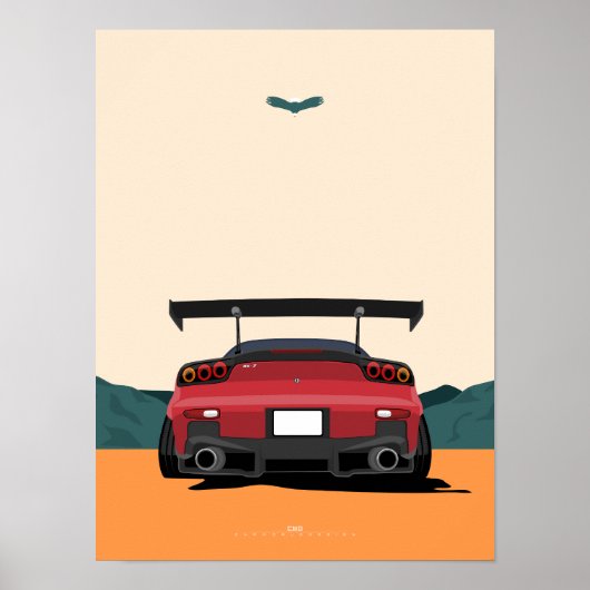 JDM Red RX-7 Rear View Racing Car Illustration Art ポスター (正面)