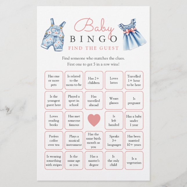 Jean Baby Bingo Find The Guest Baby Shower Game (正面)