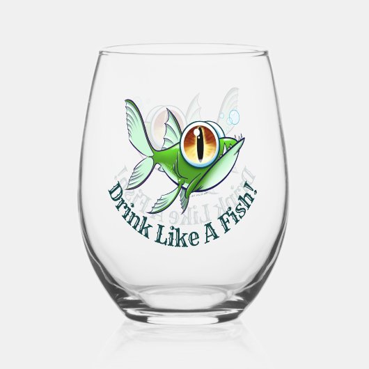 Jeff Willis ArtによるDRINK LIKE A FISH ステムなしワイングラス (正面)
