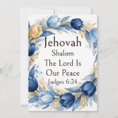 Jehovah Shalom、青と金のチューリップのリースの幻想的なデザイン 招待状 (正面)