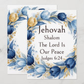 Jehovah Shalom、青と金のチューリップのリースの幻想的なデザイン 招待状 (正面/裏面)
