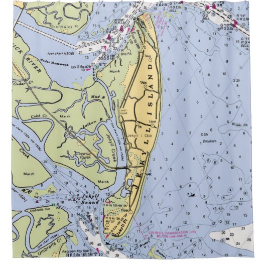 Jekyll Island Nautical Chart Shower Curtain シャワーカーテン (正面)