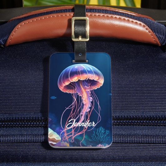 Jellyfish Art, White Script Name, Contact Info ラゲッジタグ (正面インサイチュ2)