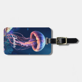 Jellyfish Art, White Script Name, Contact Info ラゲッジタグ