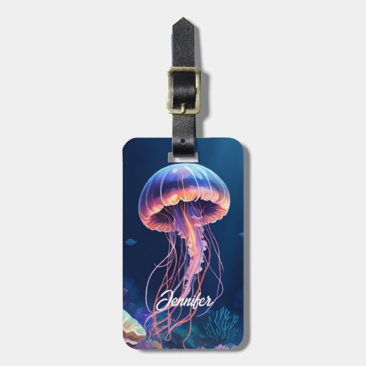 Jellyfish Art, White Script Name, Contact Info ラゲッジタグ (正面縦)