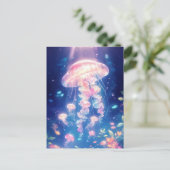 Jellyfish Glowing in Deep Blue Underwater Ocean ポストカード (スタンド正面)