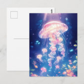 Jellyfish Glowing in Deep Blue Underwater Ocean ポストカード (正面/裏面)