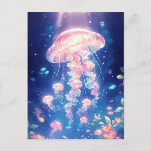 Jellyfish Glowing in Deep Blue Underwater Ocean ポストカード (正面)