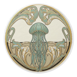 Jellyfish Green Cream & Gold Art Deco Nouveau セラミックノブ