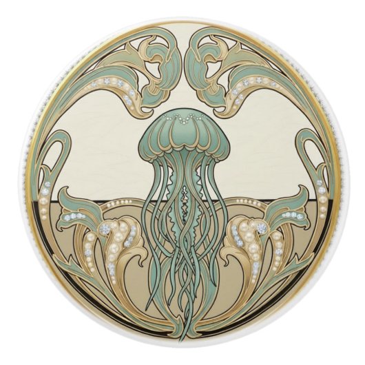 Jellyfish Green Cream & Gold Art Deco Nouveau セラミックノブ (正面)